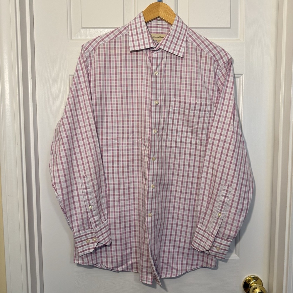 Tommy Bahama Men's Dress Shirt Size 15.5 32-33  Pink Light Blue Check Cotton L/S